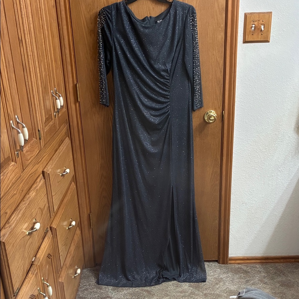 SLNY Black Long Sleeve Gown with Sparkle Details